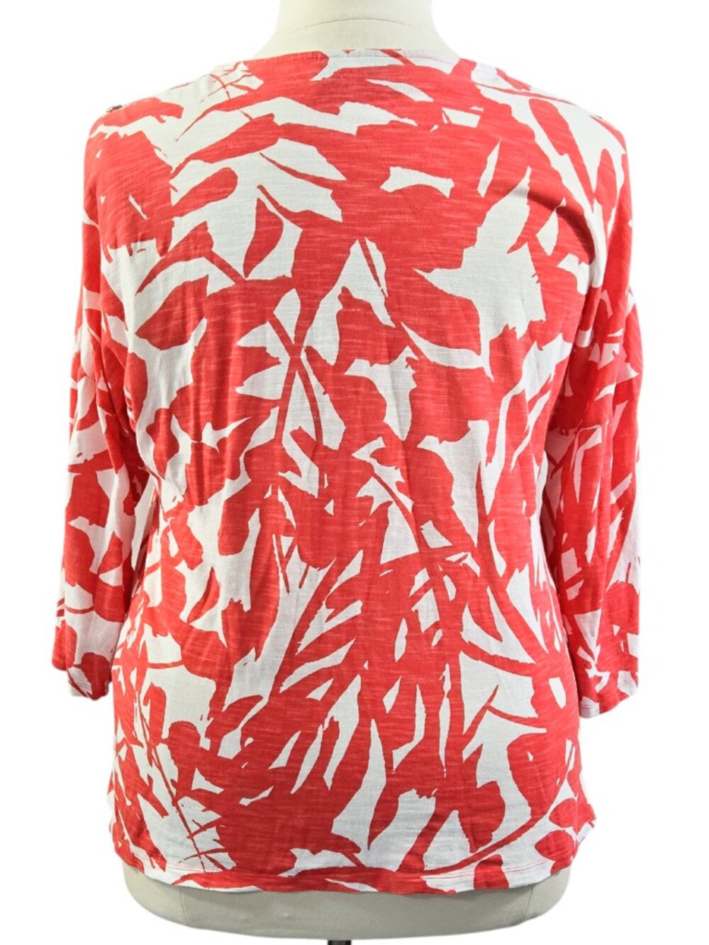 Chico's Red Pink White Abstract Floral Slub Knit Cutout Shoulder Top Beachy - Picture 2 of 9